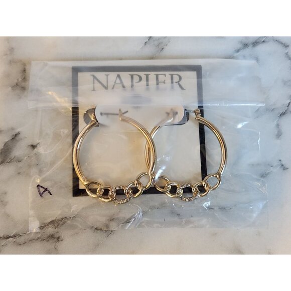 Napier Gold-Tone Hoop Earrings With Chain-Link Design & Clear Rhinestone Accents - Picture 2 of 5